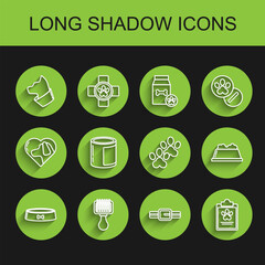 Set line Pet food bowl, Hair brush for dog and cat, Cat, Collar with name tag, Clipboard medical clinical record pet, Canned, and Paw print icon. Vector