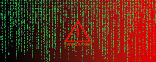 A computer pop-up box screen warning that a system is hacked, a software environment compromised on a matrix background