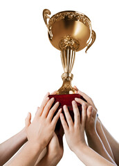 Hands holding golden trophy on a white background