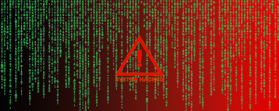 A computer pop-up box screen warning that a system is hacked, a software environment compromised on a matrix background