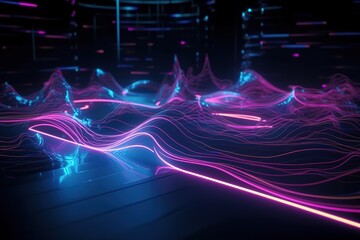 Fototapeta na wymiar 3d render, abstract background, pink blue neon light, glowing dynamic wavy lines on the floor, ultraviolet spectrum, Generative AI