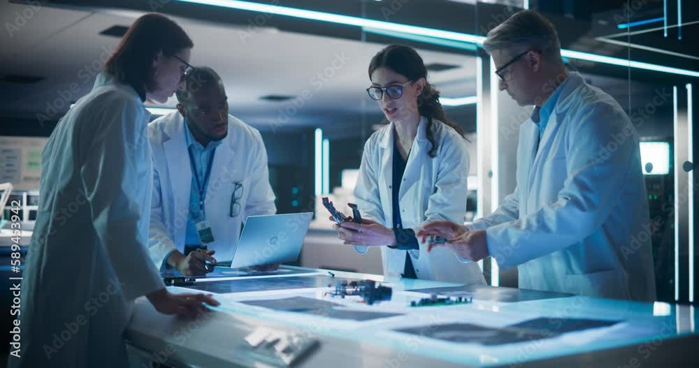 Poster Team of Tech Scientists Having a Group Meeting in a Research and Development Facility at a Robot Manufacturing Factory. Engineers Examining an Innovative Robotic Bionic Hand Concept