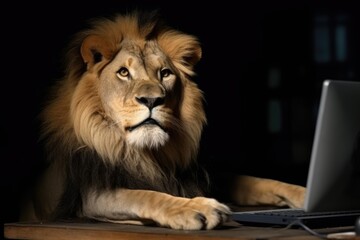 Fototapeta premium the lion sits in front of the computer 