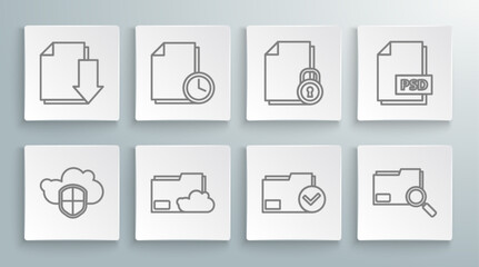 Set line Cloud and shield, Document with clock, storage text document folder, check mark, Search concept, PSD file and download icon. Vector