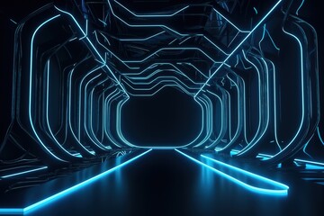 3d render, abstract blue background with glowing neon light. Dark wall illuminated with led lamp. Minimal futuristic wallpaper, Generative AI