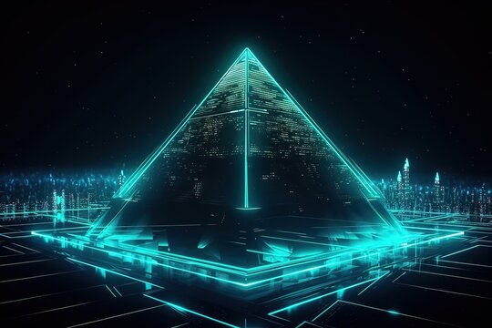 3d render, abstract blue green neon background. Holographic triangular pyramid glowing in the dark, levitating above the street.Generative AI