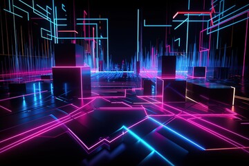 3d render, abstract fluorescent background, laser show, night club interior lights, pink blue glowing lines, virtual reality, psychedelic spectrum, geometric shapes, Generative AI