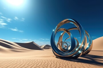 3d render, abstract futuristic background. Desert landscape with sand water and glossy metallic rings under the clear blue sky, Generative AI