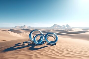 3d render, abstract futuristic background. Desert landscape with sand water and glossy metallic rings under the clear blue sky, Generative AI