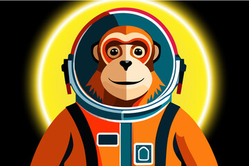 Obraz premium An Adorable 2D Illustration Monkey Astronauts Standing in Front Sun, 2d background, Copy Space. An Adorable 2D cartoon Illustration on a Isolated Light Background, 