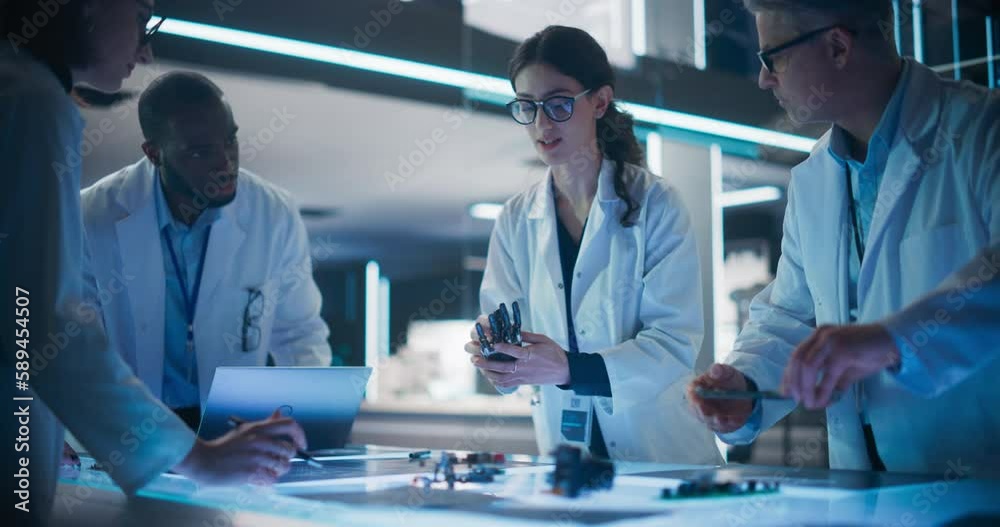 Poster Portrait of a Group of Industrial Robotics Engineers Working on a Humanoid Robot, Consulting with Specialists and Analyzing Electronic Components. Female Scientist Having a Meeting with Her Team