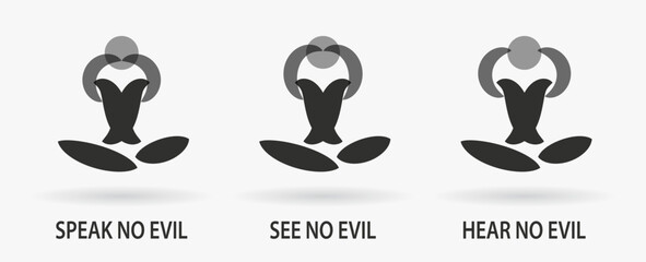 Three monkey. Speak no Evil, See no Evil, Hear no Evil. Emoji icon set. Gray background. Vector illustration