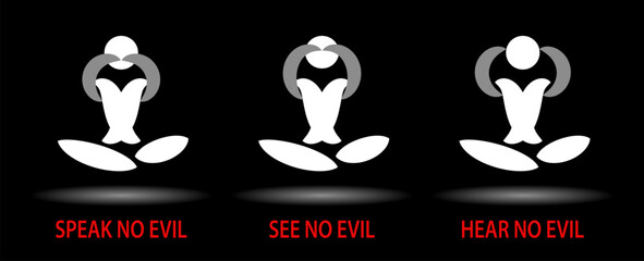 Three monkey. Speak no Evil, See no Evil, Hear no Evil. Emoji icon set. Black background. Vector illustration