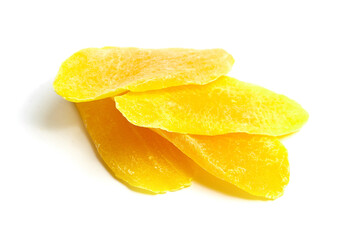 Fototapeta na wymiar Dried mango slices isolated on white background. Candied mango fruit chips
