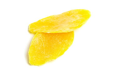 Dehydrated mango slices isolated in white background. Candied fruits. Two dried mango slices