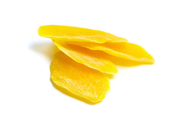 Dehydrated mango slices isolated on white background. Dry candied mango fruit chips