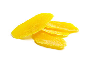 Dehydrated mango slices isolated on white background. Dry candied mango fruit chips