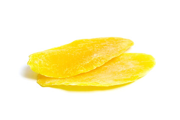 Fototapeta na wymiar Dehydrated mango slices isolated in white background. Candied fruits. Two dried mango slices