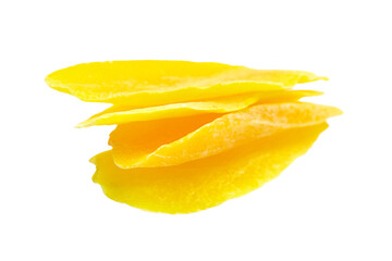 Fototapeta na wymiar Dried mango slices isolated on white background. Stack of dehydrated fruit chips. Candied mango