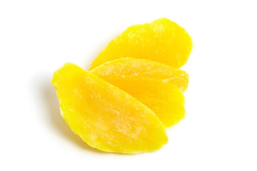 Fototapeta na wymiar Dehydrated mango slices isolated on white background. Three candied mango chips, dried fruit