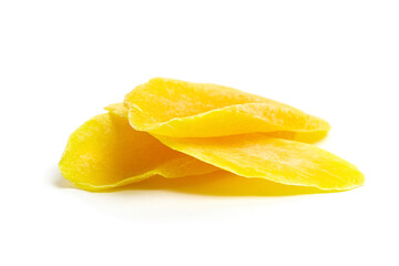 Dried mango slices isolated on white background. Candied mango fruits