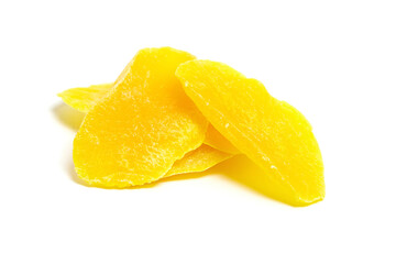 Candied mango fruit slices isolated on white background. Dried mango slices