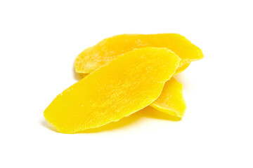 Fototapeta na wymiar Candied mango fruit slices isolated on white background. Dried mango slices