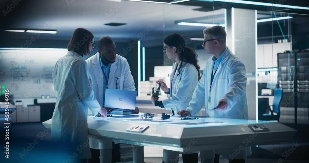 Poster Team of Tech Scientists Having a Group Meeting in a Research and Development Facility at a Robot Manufacturing Factory. Engineers Examining an Innovative Robotic Bionic Hand Concept