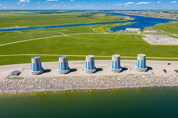 Hydroelectric power turbines at Gardiner Dam by Lake Diefenbaker, Saskatchewan, Canada, drone shot - obrazy, fototapety, plakaty