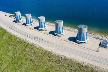 Hydroelectric power turbines at Gardiner Dam on Lake Diefenbaker, Saskatchewan, Canada, drone shot