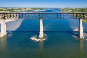 Drone view over The Sky Trail Bridge by Lake Diefenbaker in Saskatchewan, Canada