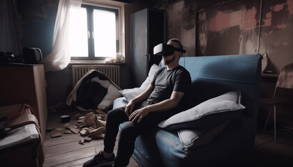 Fototapeta na wymiar Happy man in virtual reality glasses in a mess in a room at home, escape from reality, virtual life concept, blurred motion. Generative AI