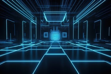 3d render, abstract neon background with fluorescent line lamps glowing with blue light. Empty studio stage for performance show, Generative AI.