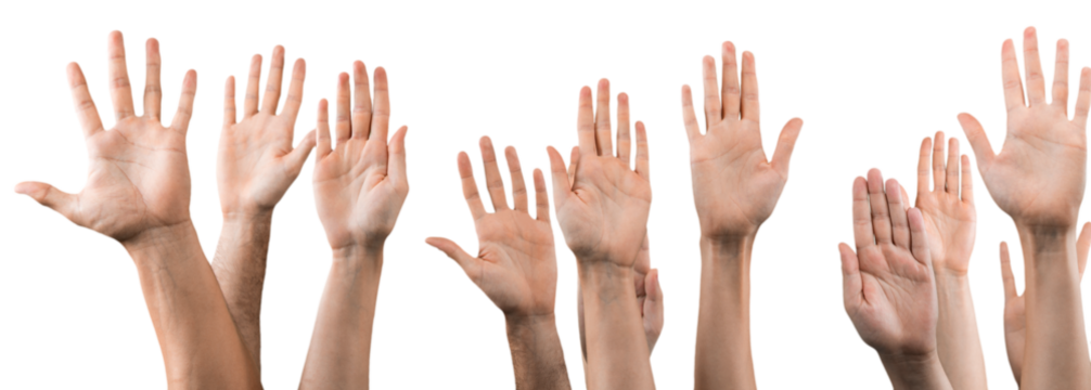 Set of raised hands, isolated on white