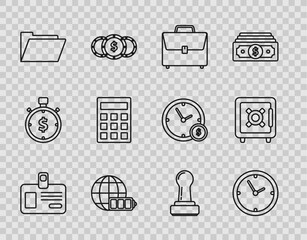 Set line Identification badge, Clock, Briefcase, Battery charge level indicator with earth globe, Document folder, Calculator, Stamp and Safe icon. Vector