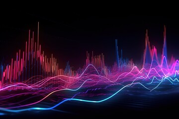 3d render, abstract background, neon light, laser show, impulse, equalizer chart, ultraviolet spectrum, pulse power lines, energy impulse, pink blue violet glowing dynamic lines, Generative AI - obrazy, fototapety, plakaty