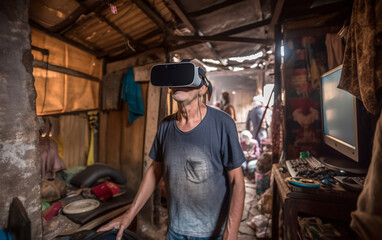 Fototapeta na wymiar Happy old senior man in virtual reality glasses in the slums and mess, escape from reality, virtual life concept. Generative AI