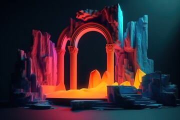 3d render, abstract showcase background with stone ruins and colorful neon light, podium for product presentation, Generative AI