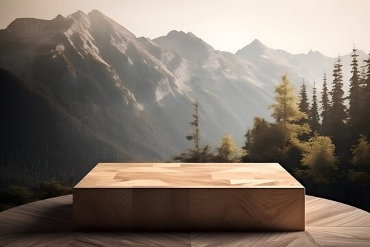 Forest-themed environment displayed on an empty space mockup podium against a mountain background. Generative AI