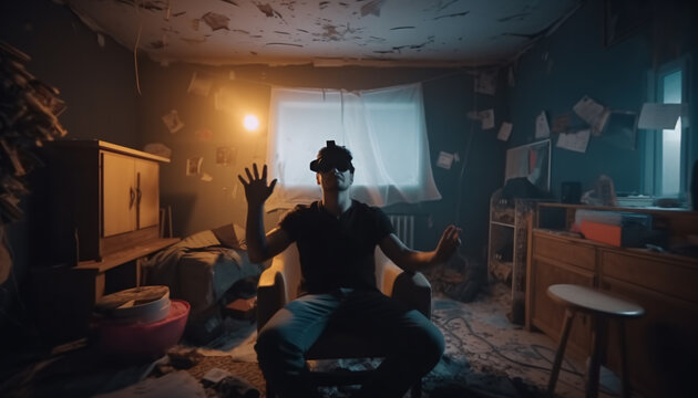 Happy man in virtual reality glasses in a mess in a room at home, Video game addiction, virtual life concept, blurred motion. Generative AI