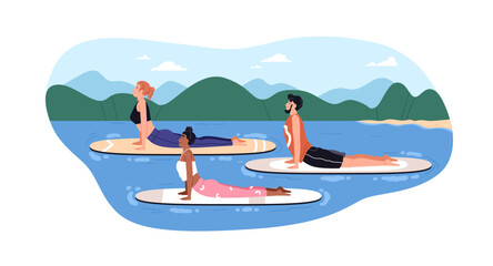 Yoga on surfboards. People exercising, stretching on surf sup board floating in water. Healthy family training outdoors in summer nature. Flat graphic vector illustration isolated on white background