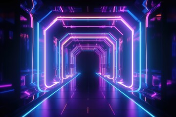 3d render, blue pink violet neon abstract background, ultraviolet light, night club empty room interior, tunnel or corridor, glowing panels, Generative AI