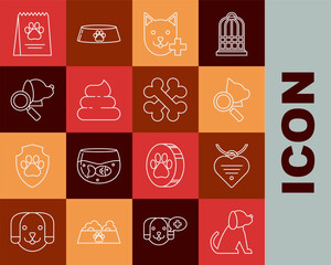 Set line Dog, Collar with name tag and heart, Veterinary clinic symbol, Shit, Bag of food for dog and Crossed bones icon. Vector