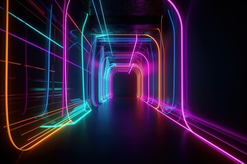 Fototapeta premium 3d render, glowing lines, neon lights, abstract psychedelic background, corridor, tunnel, ultraviolet, spectrum vibrant colors, laser show, Generative AI