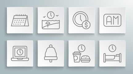 Set line Laptop time, Vacation, Ringing bell, Fast food, Time sleep, is money, Morning and Calendar icon. Vector