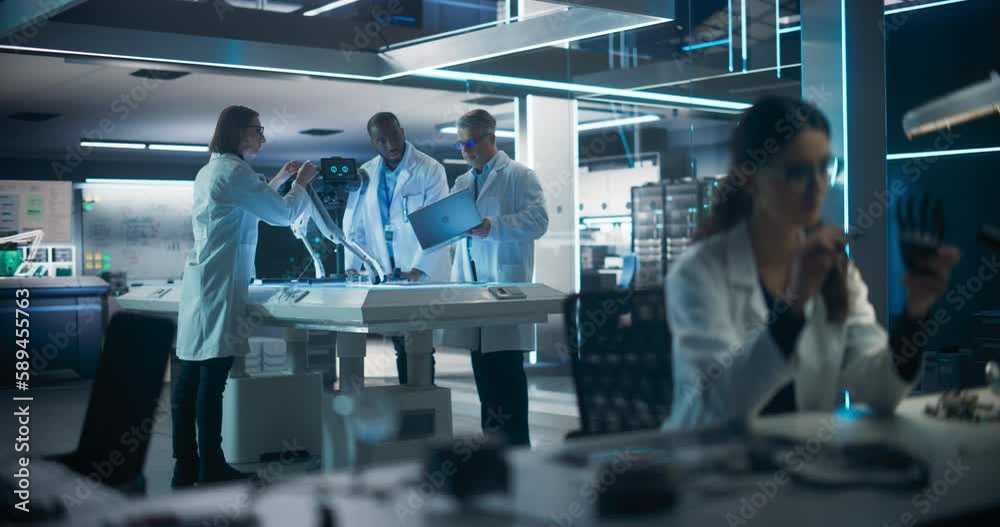 Poster Research and Development Facility with Engineers Working on a High Mobility Robot Dog Project. Focus Switches to a Female Scientist Developing a Prosthetic Robotic Hand at Her Desk
