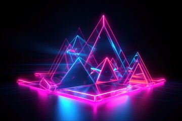 3d render, pink blue neon abstract background with glowing triangle, ultraviolet light, laser show, wall reflection, triangular shape, Generative AI