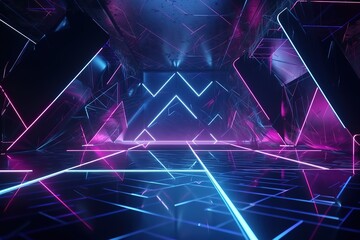3d render, pink blue neon abstract background with glowing lines, polygonal shapes, ultraviolet light, laser show performance stage with floor reflection, Generative AI