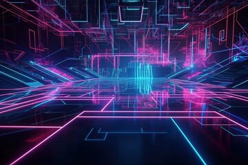 3d render, pink blue neon abstract background with glowing lines, polygonal shapes, ultraviolet light, laser show performance stage with floor reflection, Generative AI