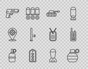 Set line Hand grenade, Military tank, rank, Pistol or gun, Police rubber baton, Aviation bomb and Walkie talkie icon. Vector